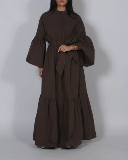 Tie Waist Balloon Sleeve Button-Front Maxi Shirt Dress