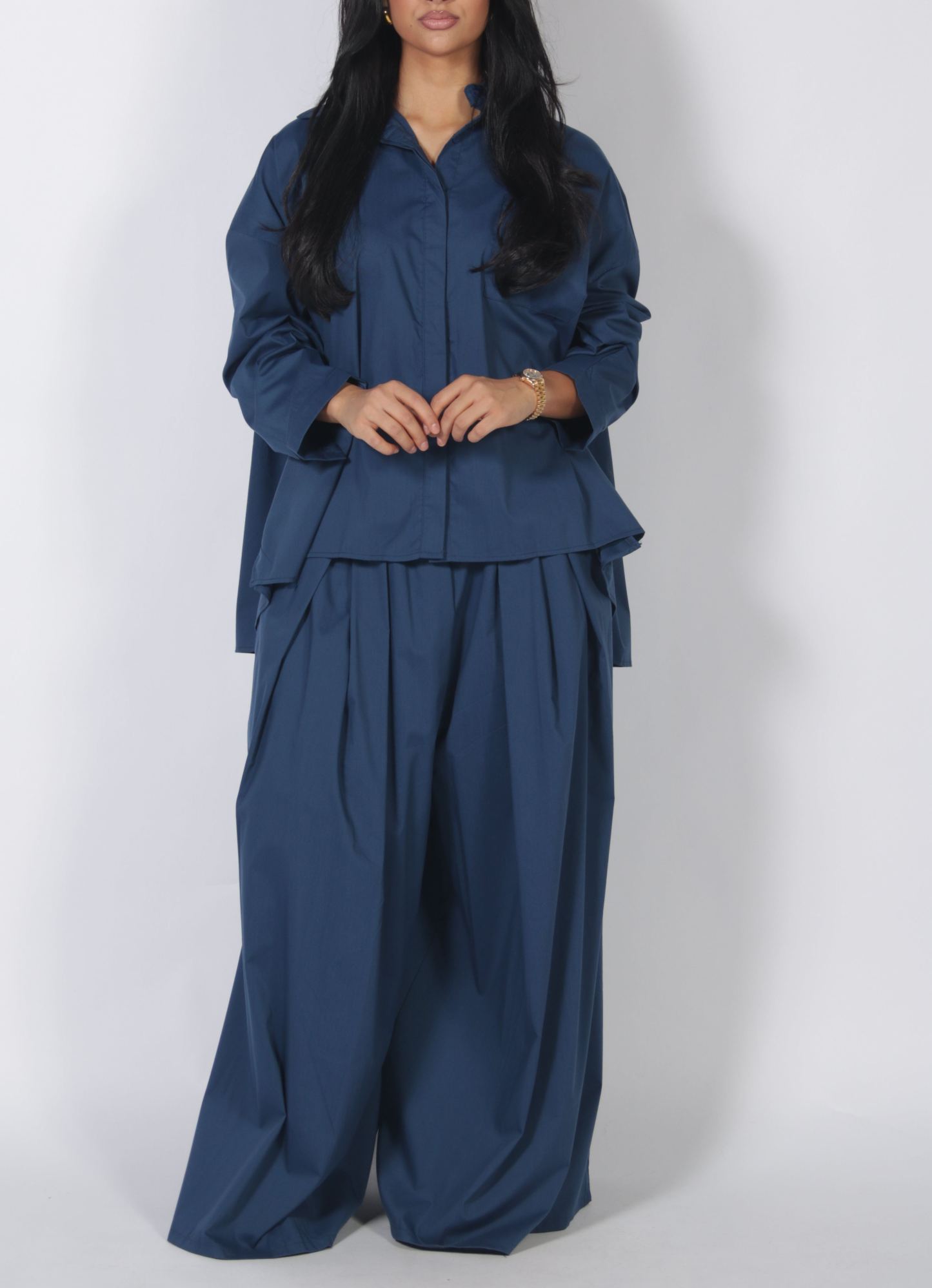 Relaxed Stand Collar Top & Wide Leg Pants Set
