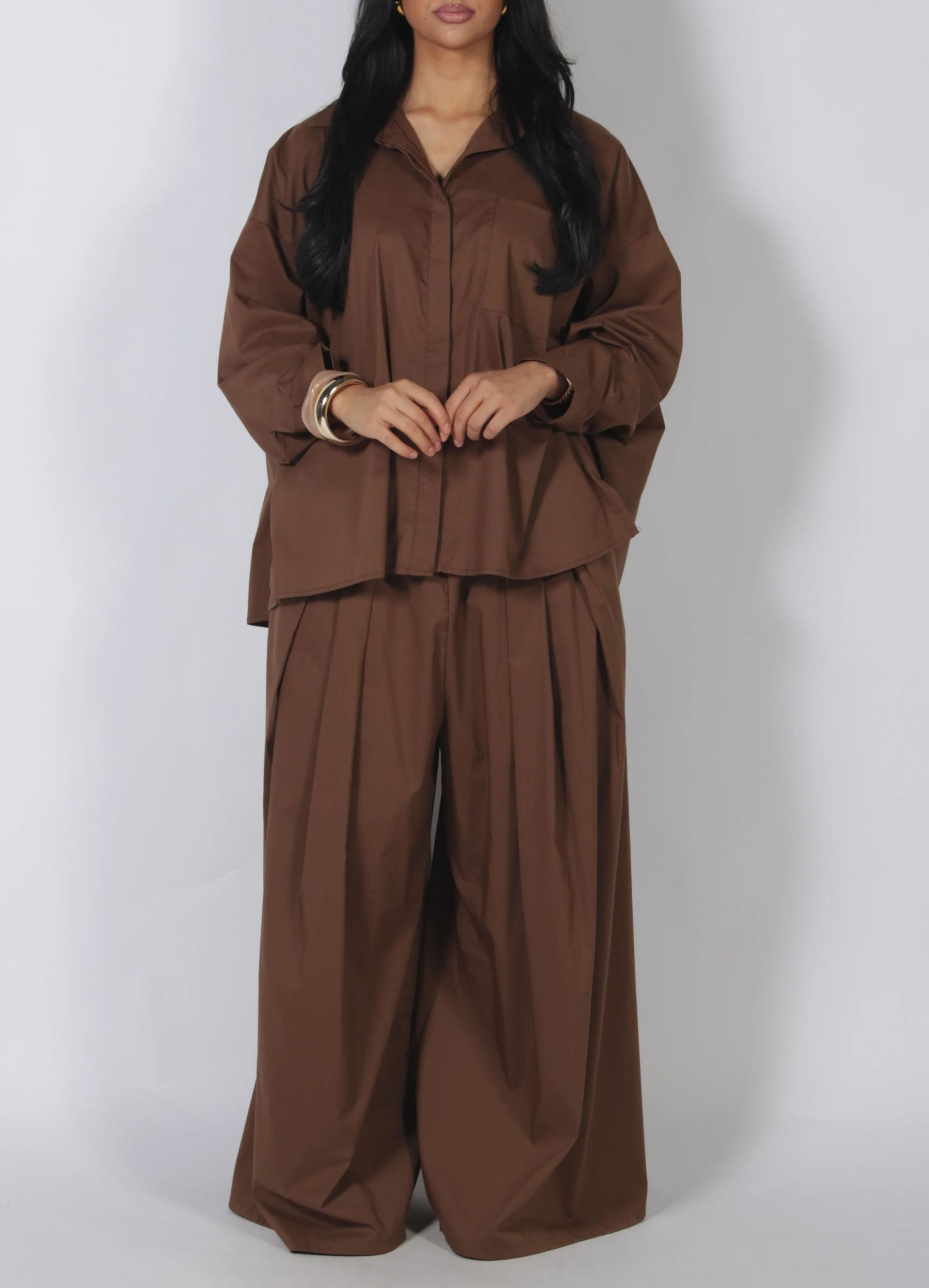 Relaxed Stand Collar Top & Wide Leg Pants Set