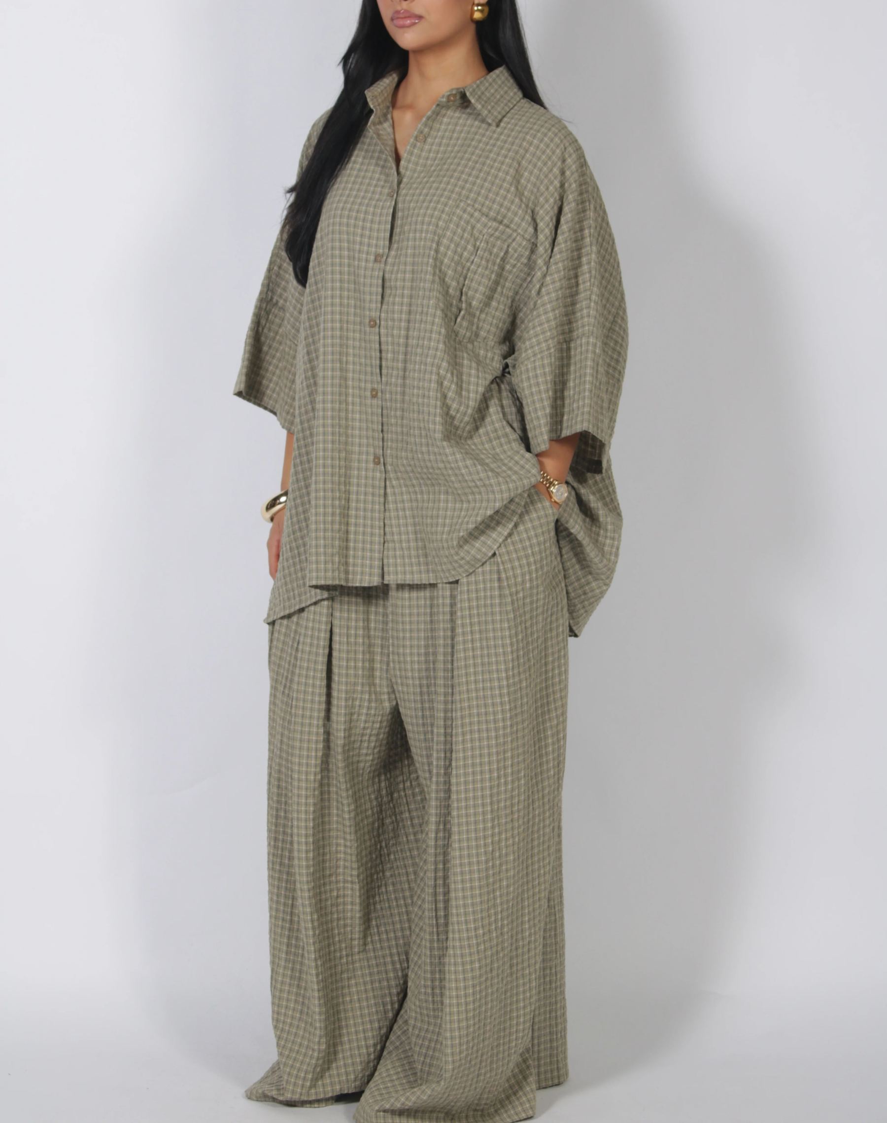 Oversized Plaid Shirt & Wide Leg Pants Set