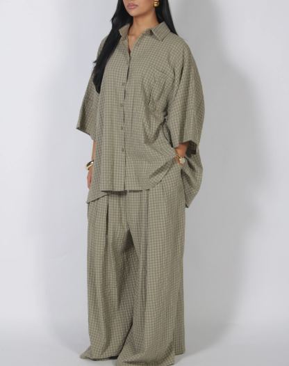 Oversized Plaid Shirt & Wide Leg Pants Set