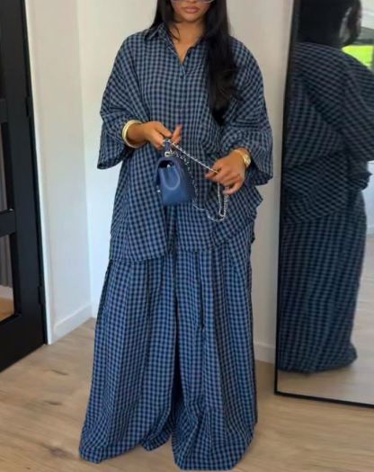 Oversized Plaid Shirt & Wide Leg Pants Set