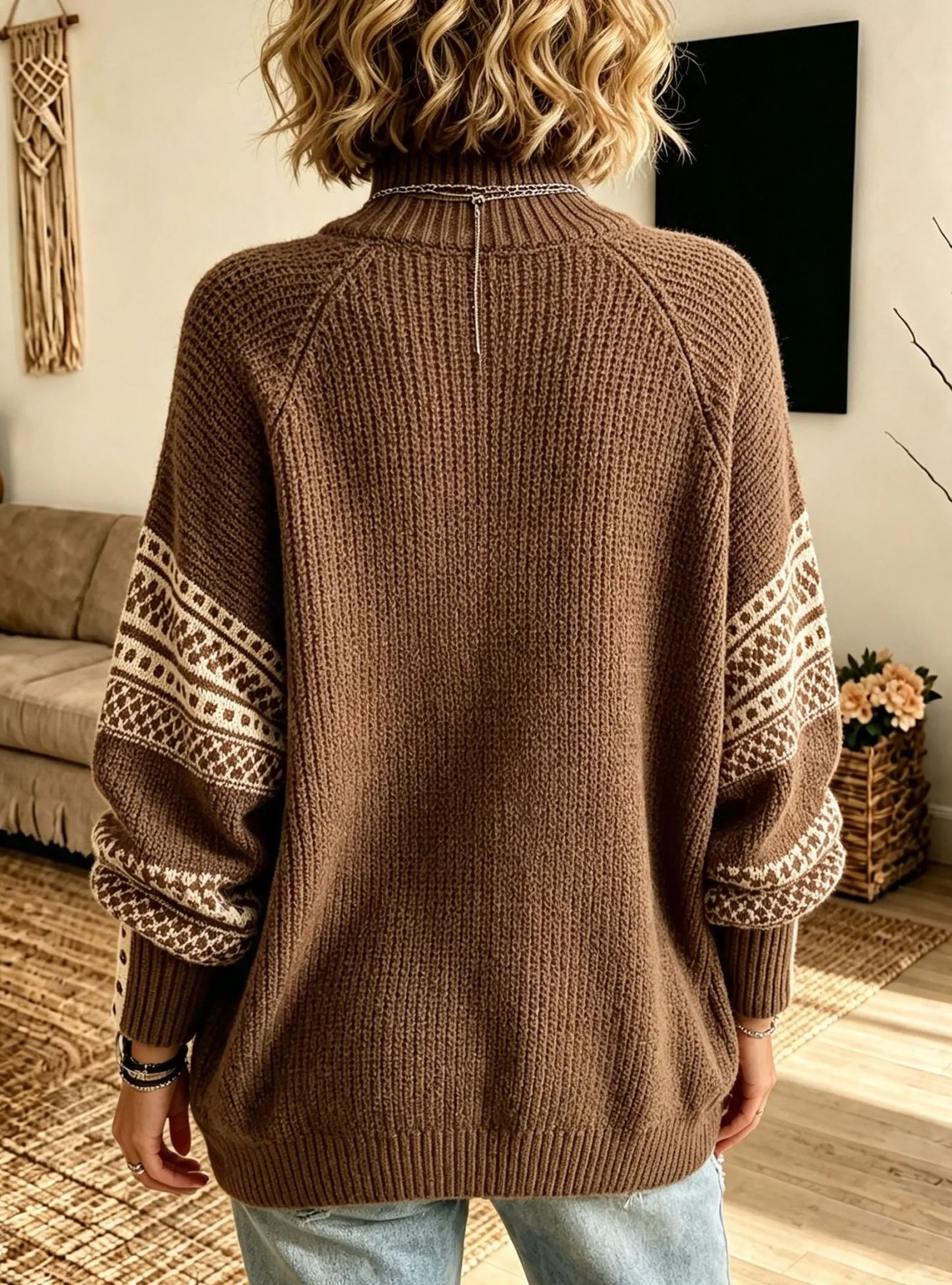 Women's Vintage Pattern Sleeve Turtleneck Knit Sweater, Relaxed Fit Cozy Pullover Top