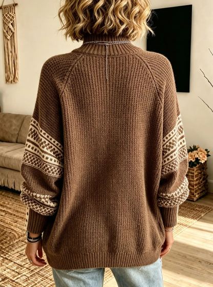 Women's Vintage Pattern Sleeve Turtleneck Knit Sweater, Relaxed Fit Cozy Pullover Top