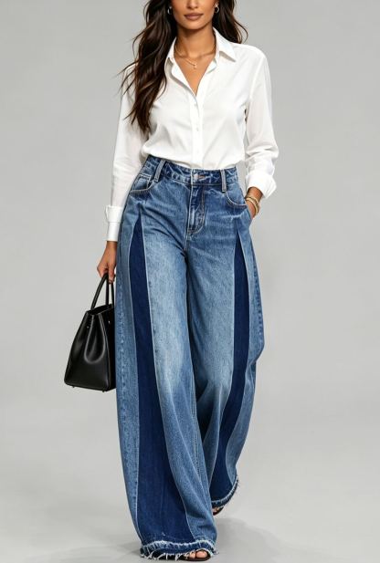 Women's Casual Chic Color Block High Waist Frayed Hem Wide Leg Jeans