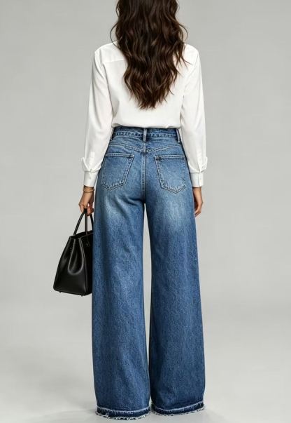 Women's Casual Chic Color Block High Waist Frayed Hem Wide Leg Jeans