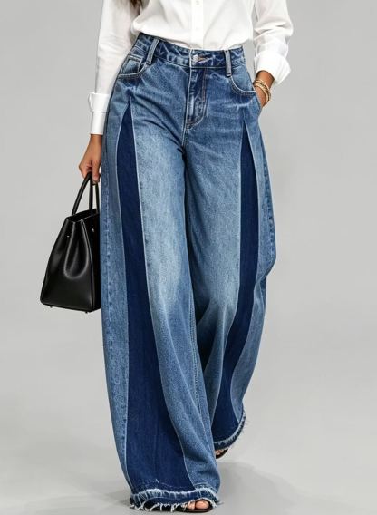 Women's Casual Chic Color Block High Waist Frayed Hem Wide Leg Jeans