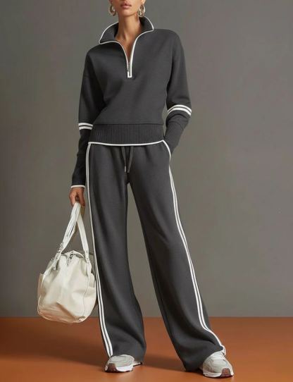 Women’s Color Block Track Set Quarter Zip Stand Collar Top & Wide Leg Pants Casual 2 Piece Outfit