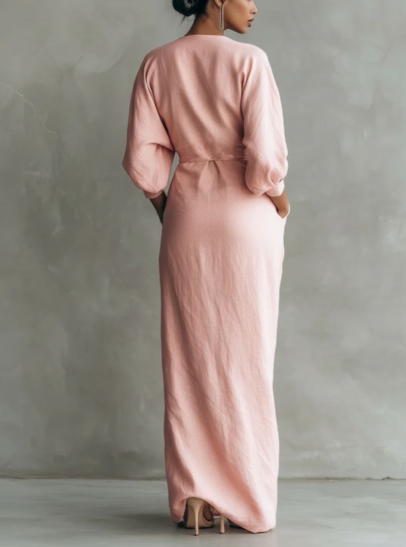Linen Blend V Neck Ruched Maxi Dress | Elegant Tie Waist Casual Dress