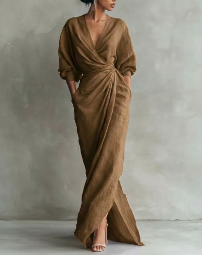 Linen Blend V Neck Ruched Maxi Dress | Elegant Tie Waist Casual Dress
