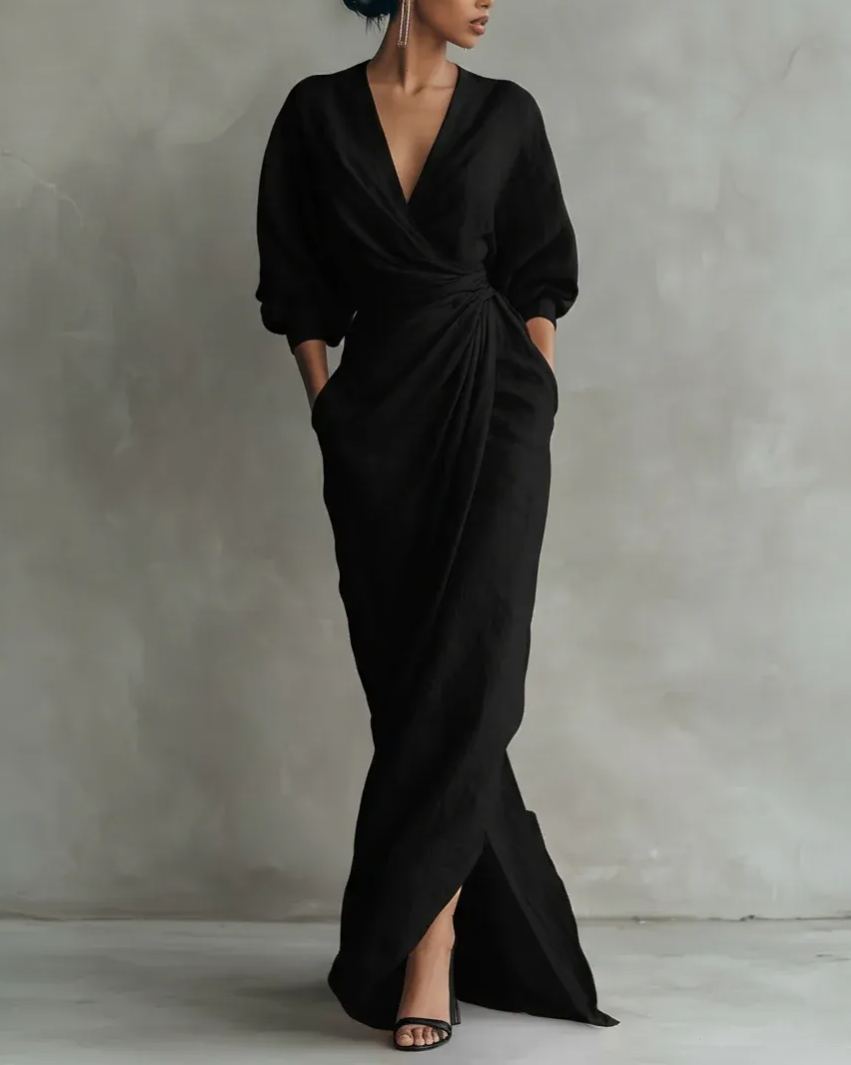 Linen Blend V Neck Ruched Maxi Dress | Elegant Tie Waist Casual Dress