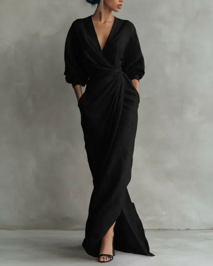 Linen Blend V Neck Ruched Maxi Dress | Elegant Tie Waist Casual Dress