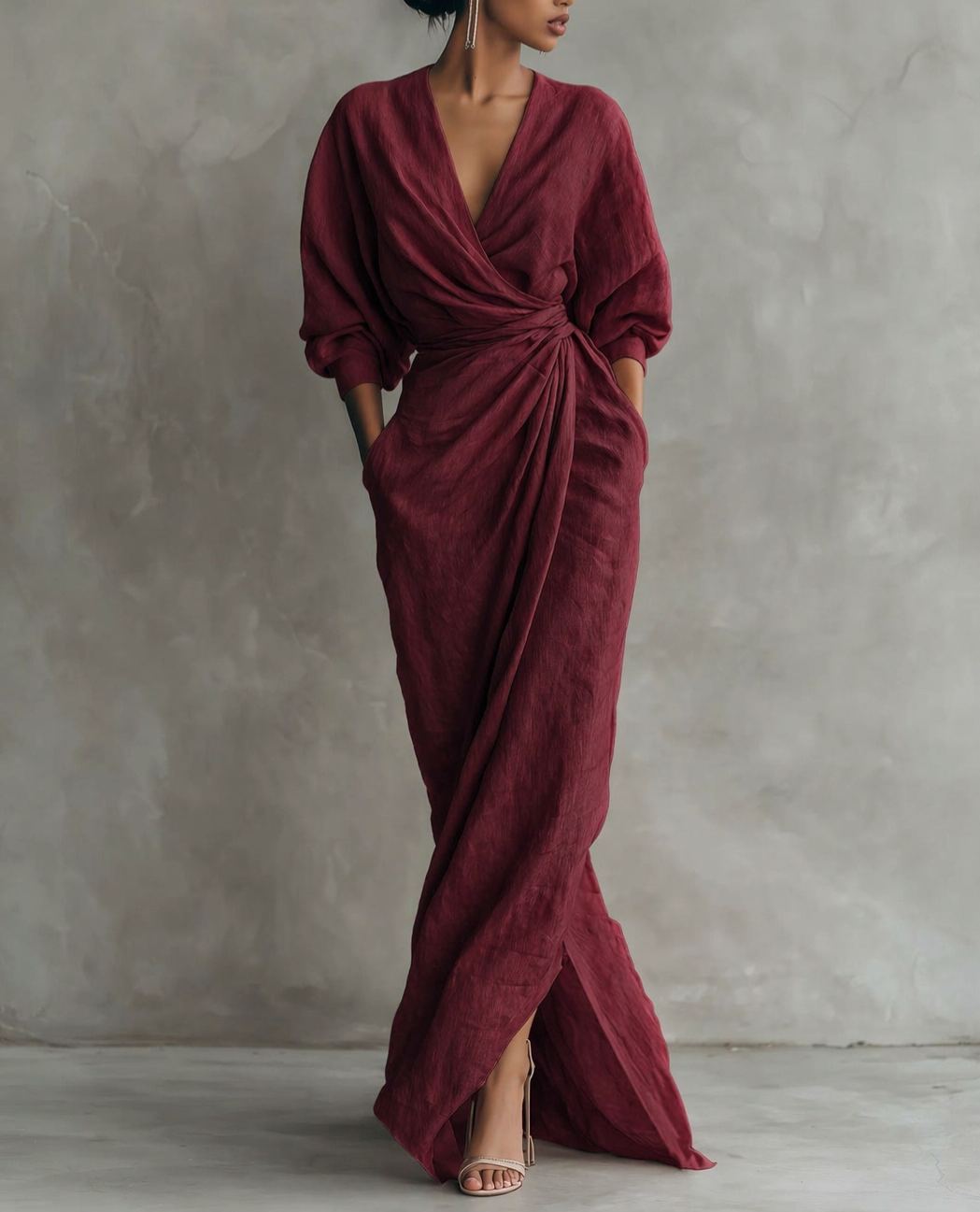 Linen Blend V Neck Ruched Maxi Dress | Elegant Tie Waist Casual Dress