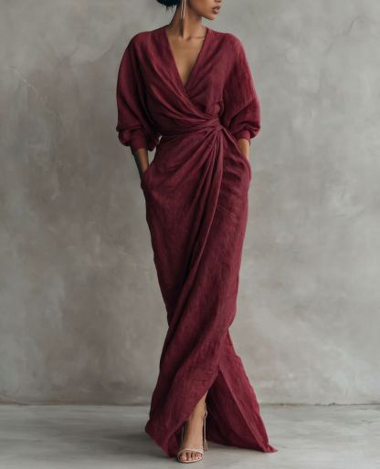 Linen Blend V Neck Ruched Maxi Dress | Elegant Tie Waist Casual Dress