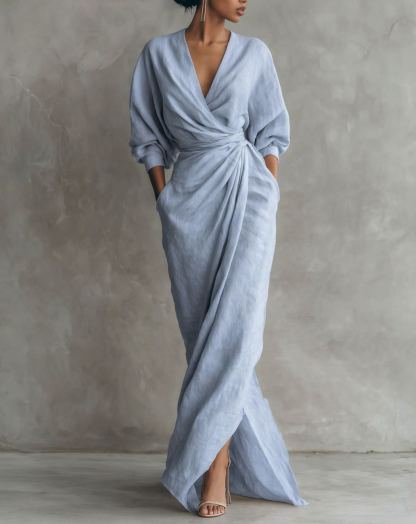 Linen Blend V Neck Ruched Maxi Dress | Elegant Tie Waist Casual Dress