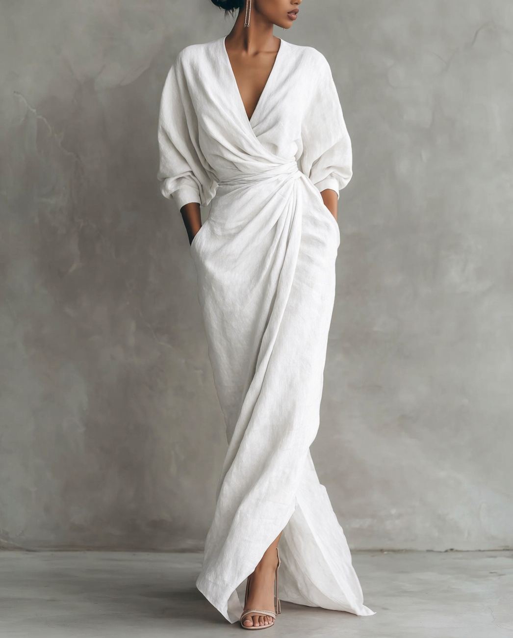 Linen Blend V Neck Ruched Maxi Dress | Elegant Tie Waist Casual Dress