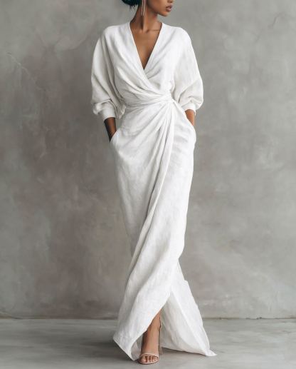Linen Blend V Neck Ruched Maxi Dress | Elegant Tie Waist Casual Dress