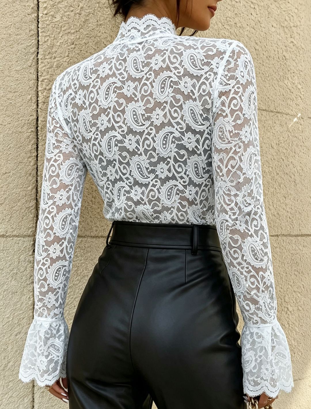 White Paisley Lace High Neck Flare Cuff Slim Top