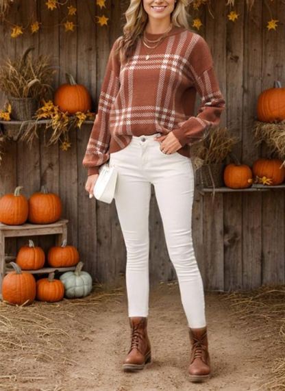 Women’s Halloween Pumpkin Plaid Knit Sweater Long Sleeve Fall Pullover Top