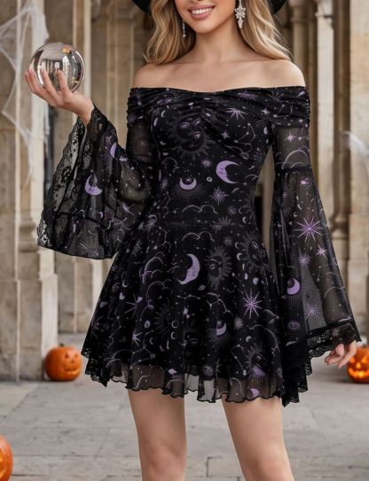 Dark Celestial Off-Shoulder Flare Sleeve Mini Dress in Purple for Halloween Gathering & Themed Photoshoot