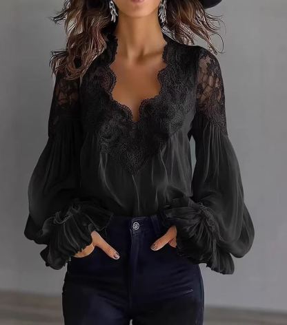 Lace V-Neck Lantern Sleeve Blouse