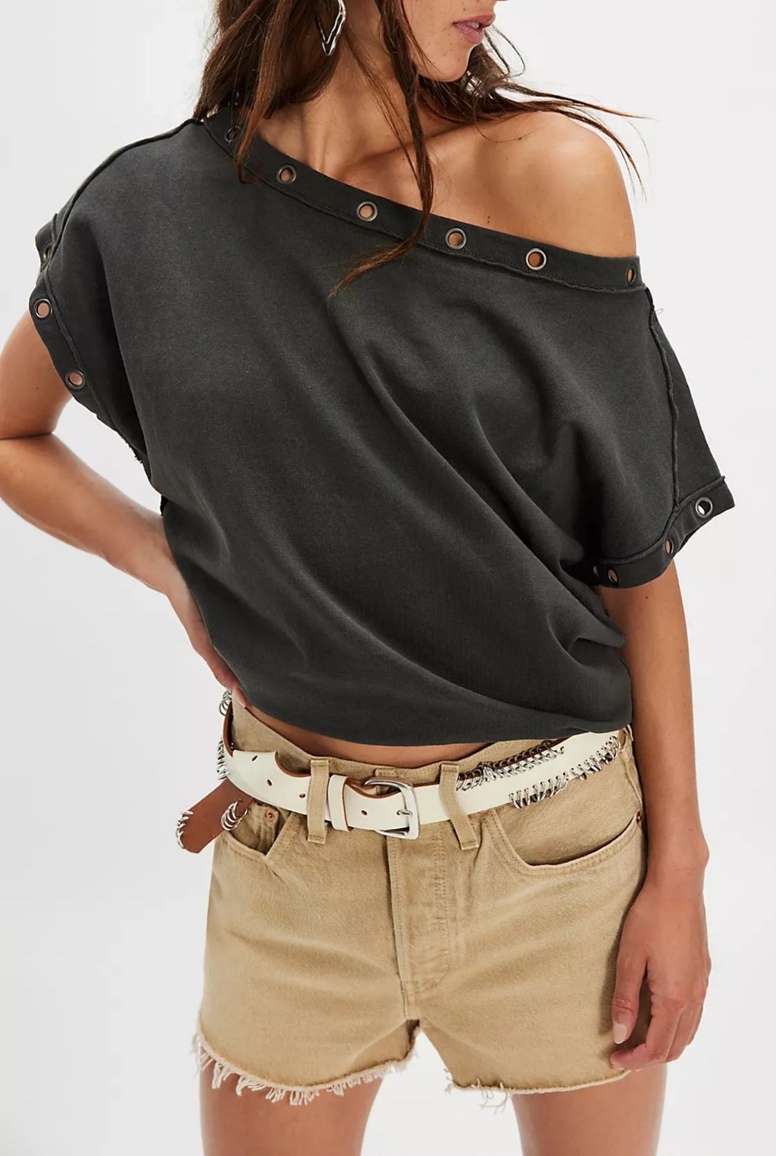 New Arrivals🎀Vintage Metal Grommet Asymmetric Tee | Washed Off-Shoulder Short Sleeve Top