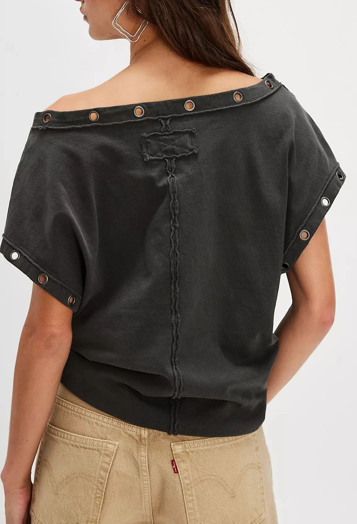 New Arrivals🎀Vintage Metal Grommet Asymmetric Tee | Washed Off-Shoulder Short Sleeve Top