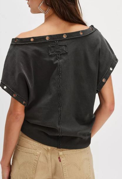 New Arrivals🎀Vintage Metal Grommet Asymmetric Tee | Washed Off-Shoulder Short Sleeve Top