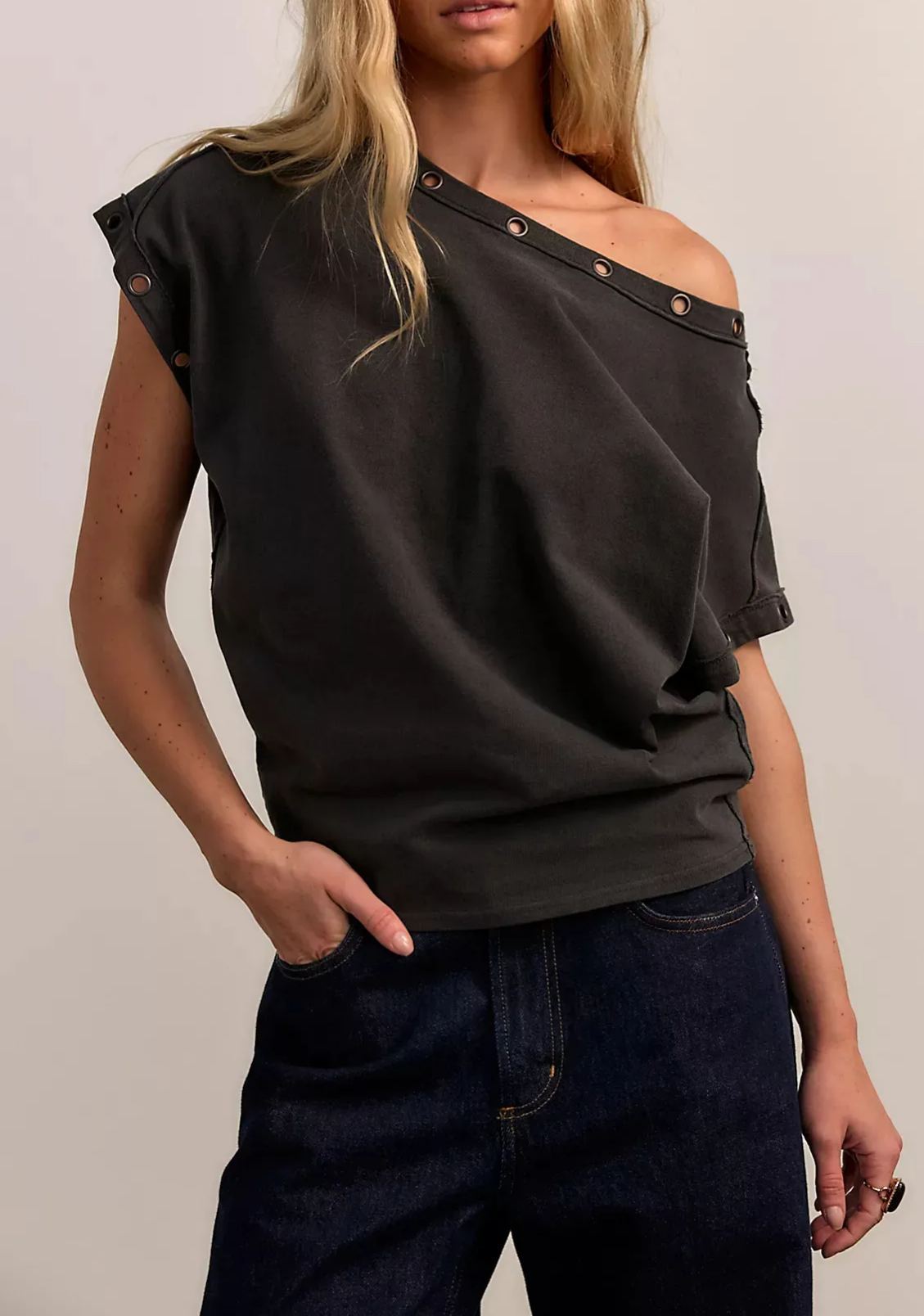 New Arrivals🎀Vintage Metal Grommet Asymmetric Tee | Washed Off-Shoulder Short Sleeve Top