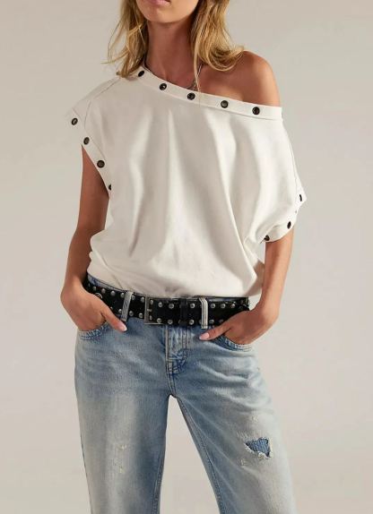 New Arrivals🎀Vintage Metal Grommet Asymmetric Tee | Washed Off-Shoulder Short Sleeve Top