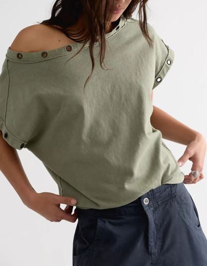 New Arrivals🎀Vintage Metal Grommet Asymmetric Tee | Washed Off-Shoulder Short Sleeve Top