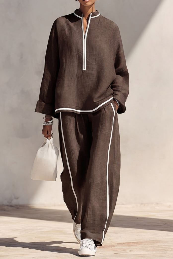 Women's Light‑Blue Linen Fabric Stand‑Collar Half‑Zip Oversized Top & Wide‑Leg Pants Set