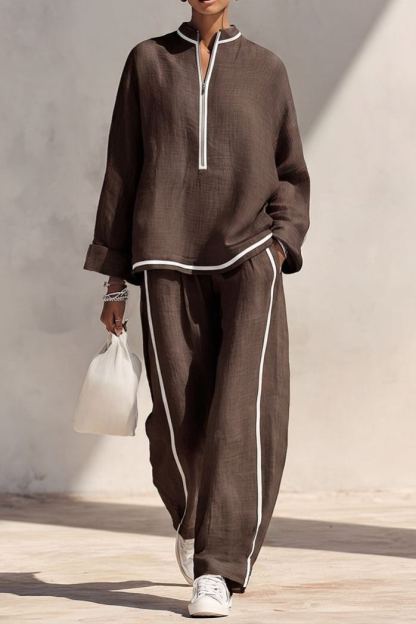 Women's Light‑Blue Linen Fabric Stand‑Collar Half‑Zip Oversized Top & Wide‑Leg Pants Set