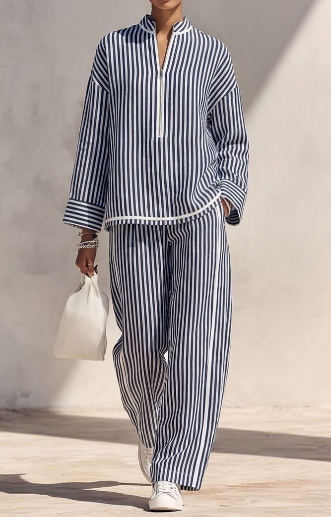 Women's Light‑Blue Linen Fabric Stand‑Collar Half‑Zip Oversized Top & Wide‑Leg Pants Set