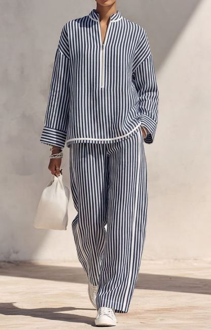 Women's Light‑Blue Linen Fabric Stand‑Collar Half‑Zip Oversized Top & Wide‑Leg Pants Set