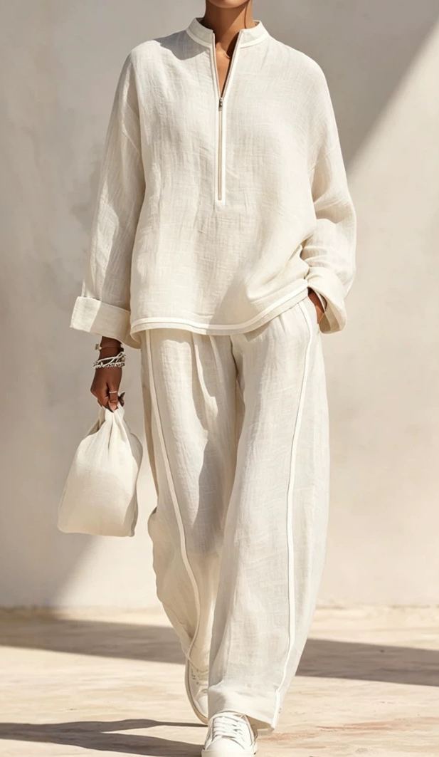 Women's Light‑Blue Linen Fabric Stand‑Collar Half‑Zip Oversized Top & Wide‑Leg Pants Set