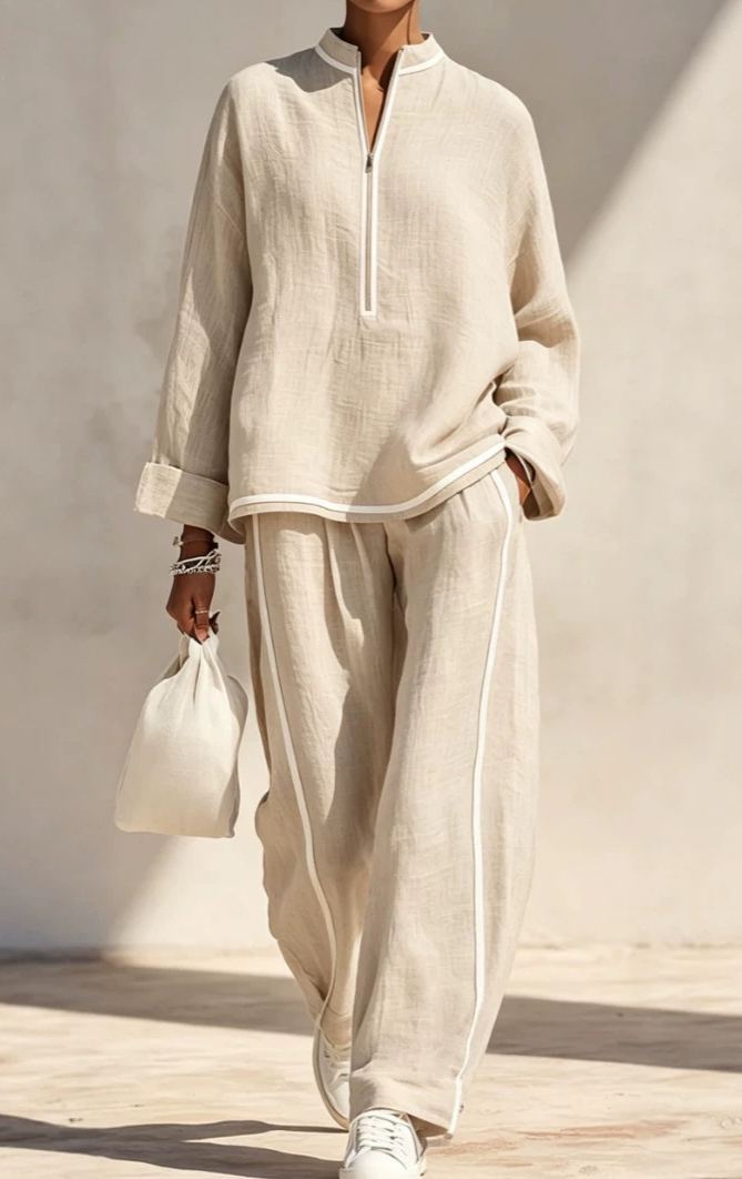 Women's Light‑Blue Linen Fabric Stand‑Collar Half‑Zip Oversized Top & Wide‑Leg Pants Set