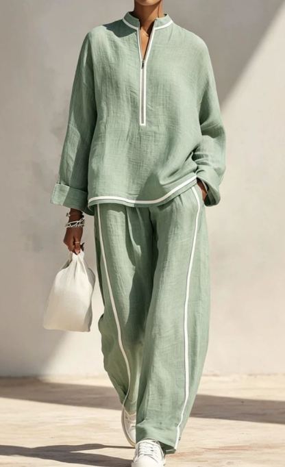 Women's Light‑Blue Linen Fabric Stand‑Collar Half‑Zip Oversized Top & Wide‑Leg Pants Set