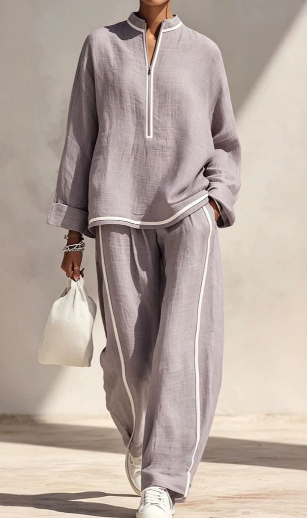 Women's Light‑Blue Linen Fabric Stand‑Collar Half‑Zip Oversized Top & Wide‑Leg Pants Set
