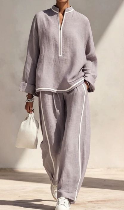 Women's Light‑Blue Linen Fabric Stand‑Collar Half‑Zip Oversized Top & Wide‑Leg Pants Set