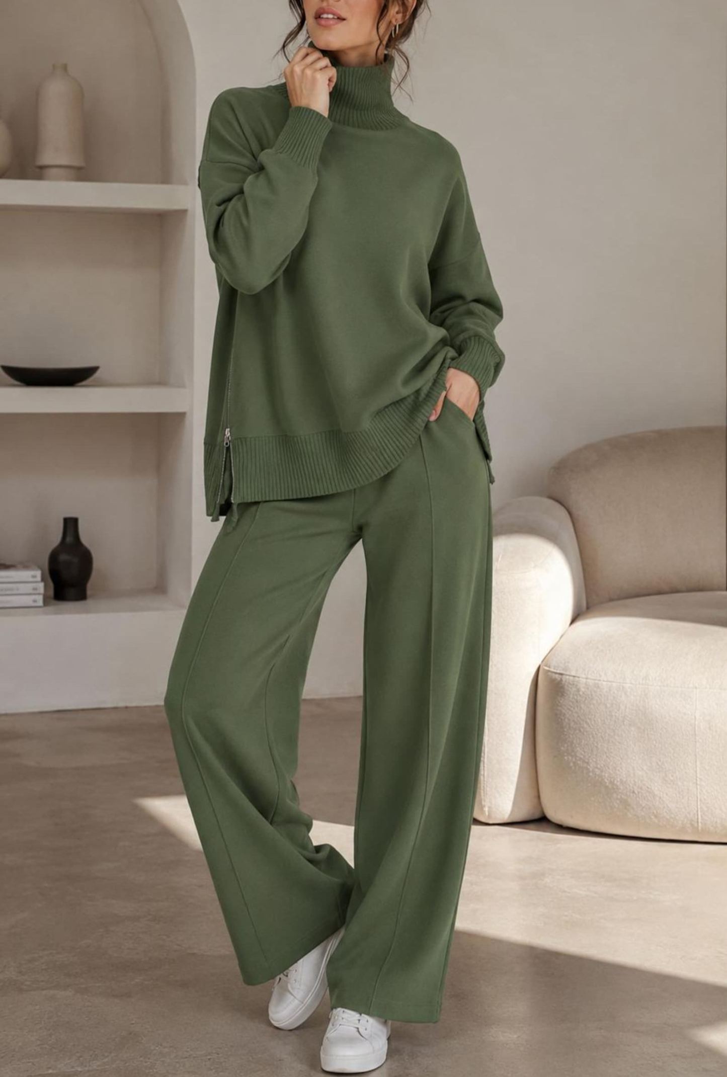 Women’s Turtleneck Sweater & Straight Leg Pants Set Knit Loungewear 2-Piece Outfit