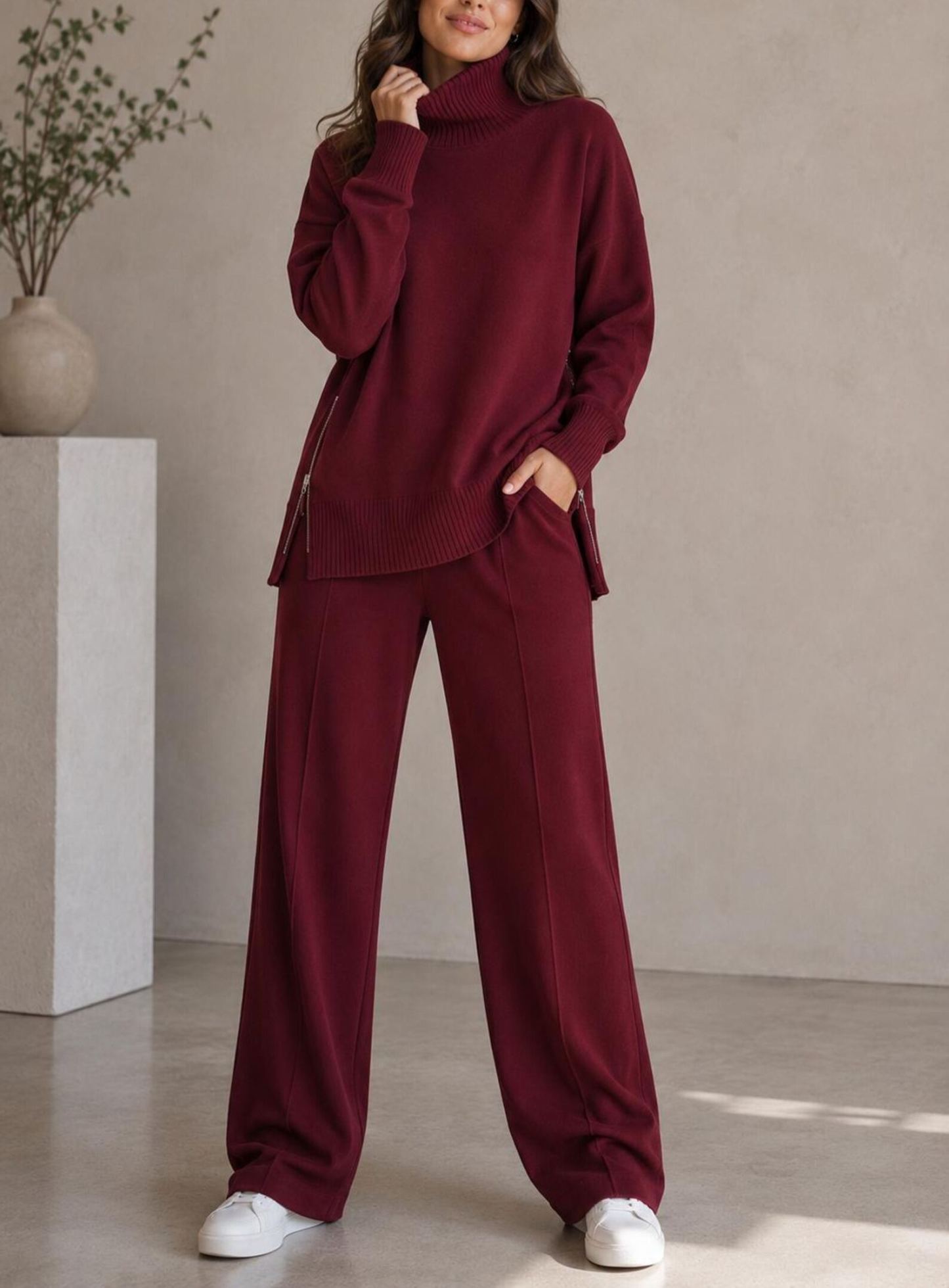 Women’s Turtleneck Sweater & Straight Leg Pants Set Knit Loungewear 2-Piece Outfit