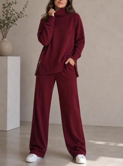 Women’s Turtleneck Sweater & Straight Leg Pants Set Knit Loungewear 2-Piece Outfit