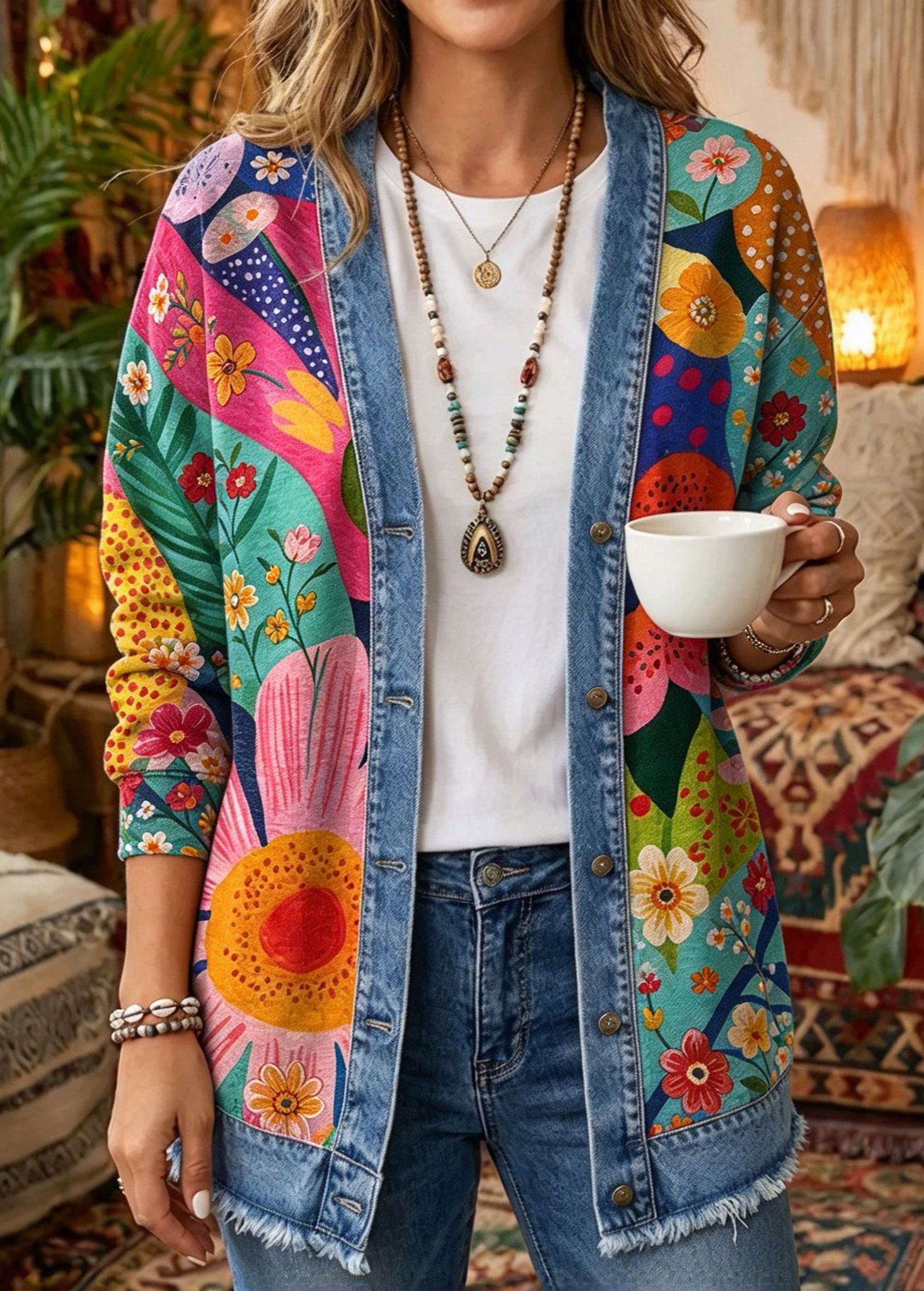 Vintage Boho Paisley Print Denim-Trim Cardigan - Artistic Open-Front Long Sleeve Jacket