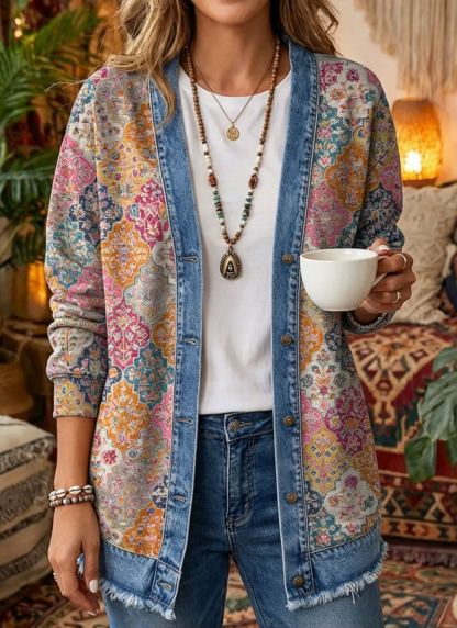 Vintage Boho Paisley Print Denim-Trim Cardigan - Artistic Open-Front Long Sleeve Jacket