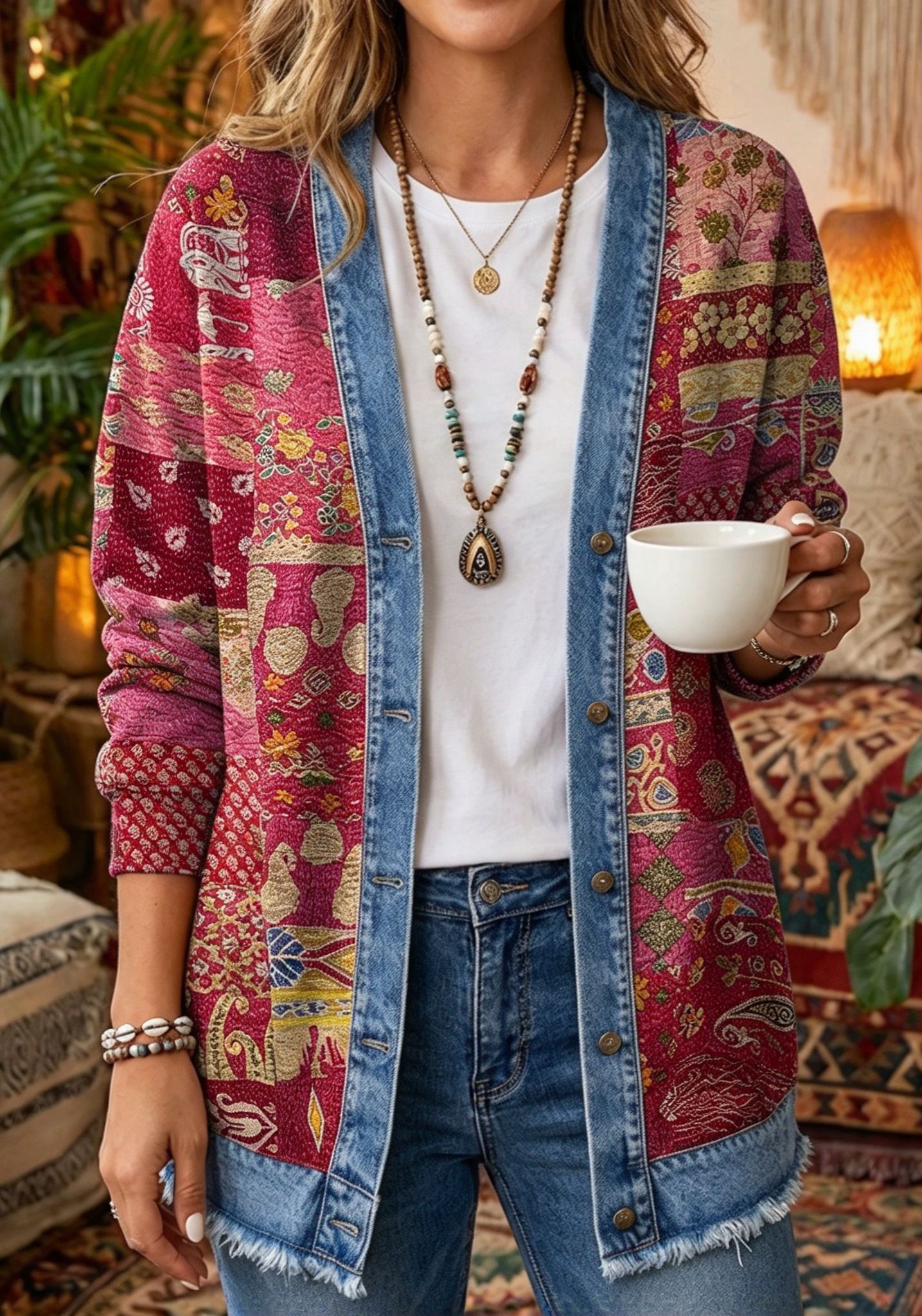 Vintage Boho Paisley Print Denim-Trim Cardigan - Artistic Open-Front Long Sleeve Jacket