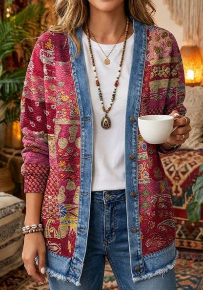 Vintage Boho Paisley Print Denim-Trim Cardigan - Artistic Open-Front Long Sleeve Jacket