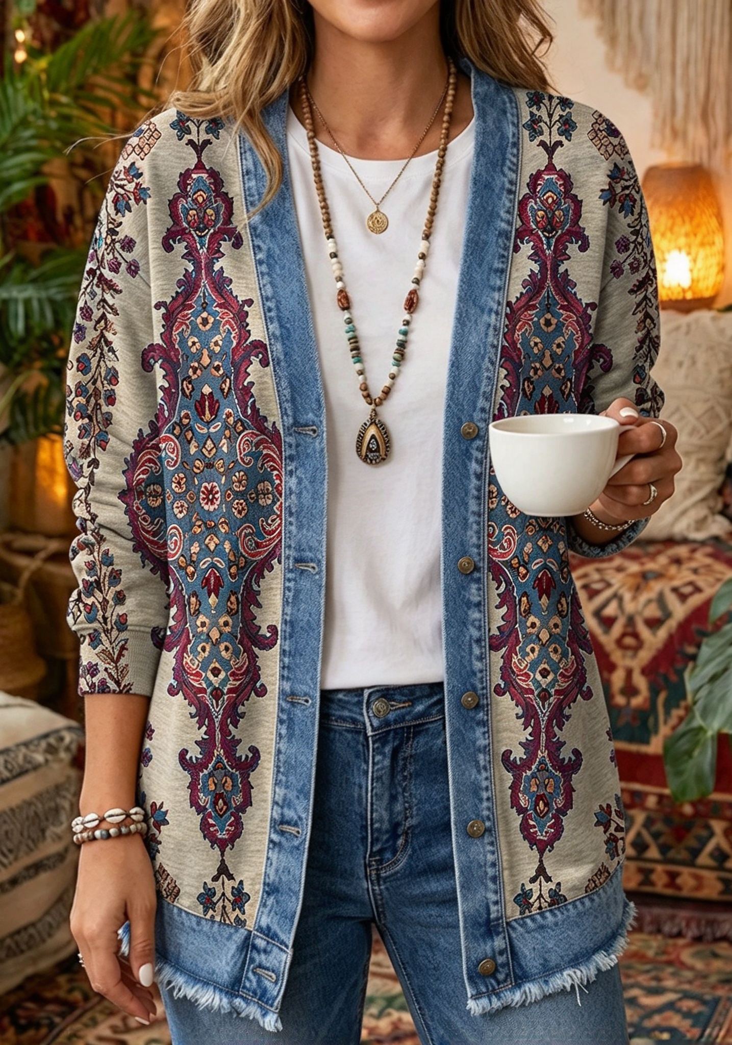 Vintage Boho Paisley Print Denim-Trim Cardigan - Artistic Open-Front Long Sleeve Jacket