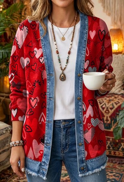 Vintage Boho Paisley Print Denim-Trim Cardigan - Artistic Open-Front Long Sleeve Jacket