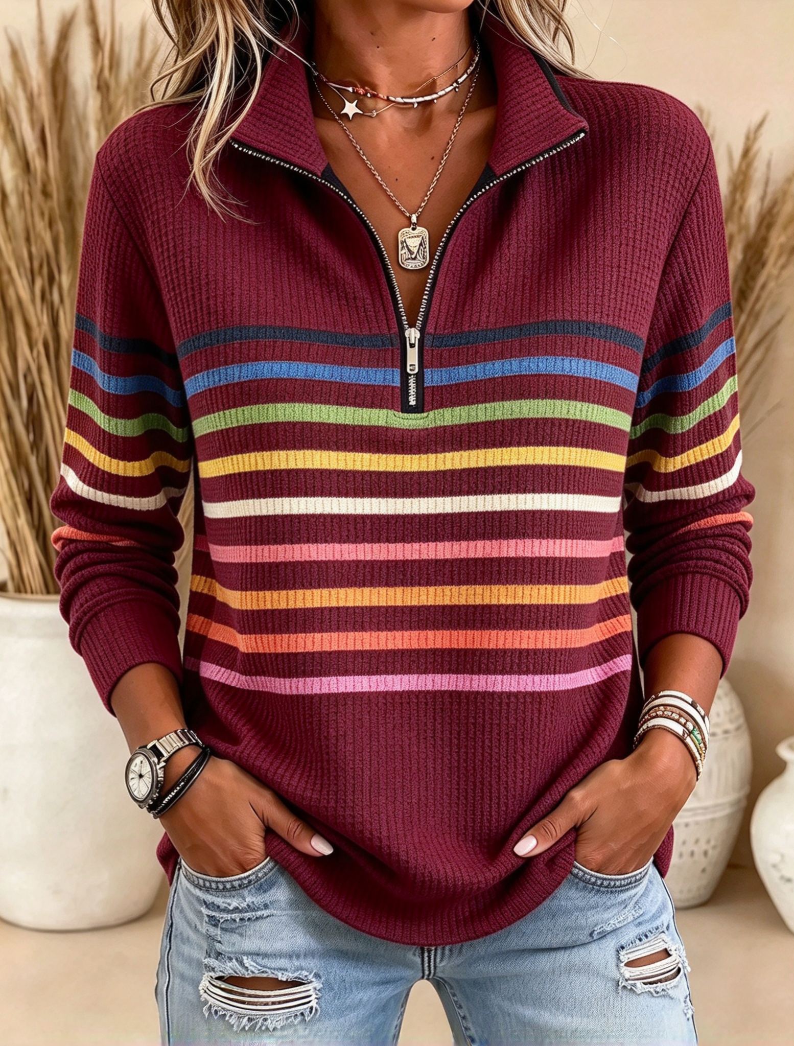 Women's Rainbow Stripe Quarter-Zip Pullover, Retro Sporty Collared Waffle Knit Top - Oversized Casual